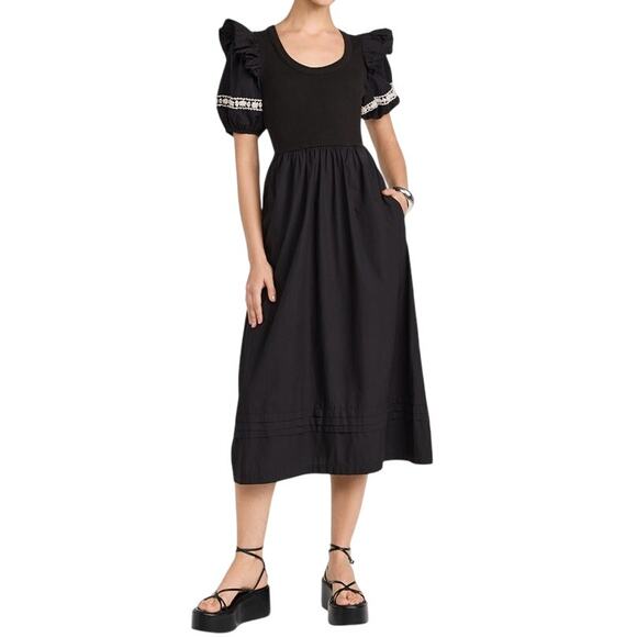 Cleobella Black Puff Sleeve Selma Midi Dress Size Small - Picture 1 of 8